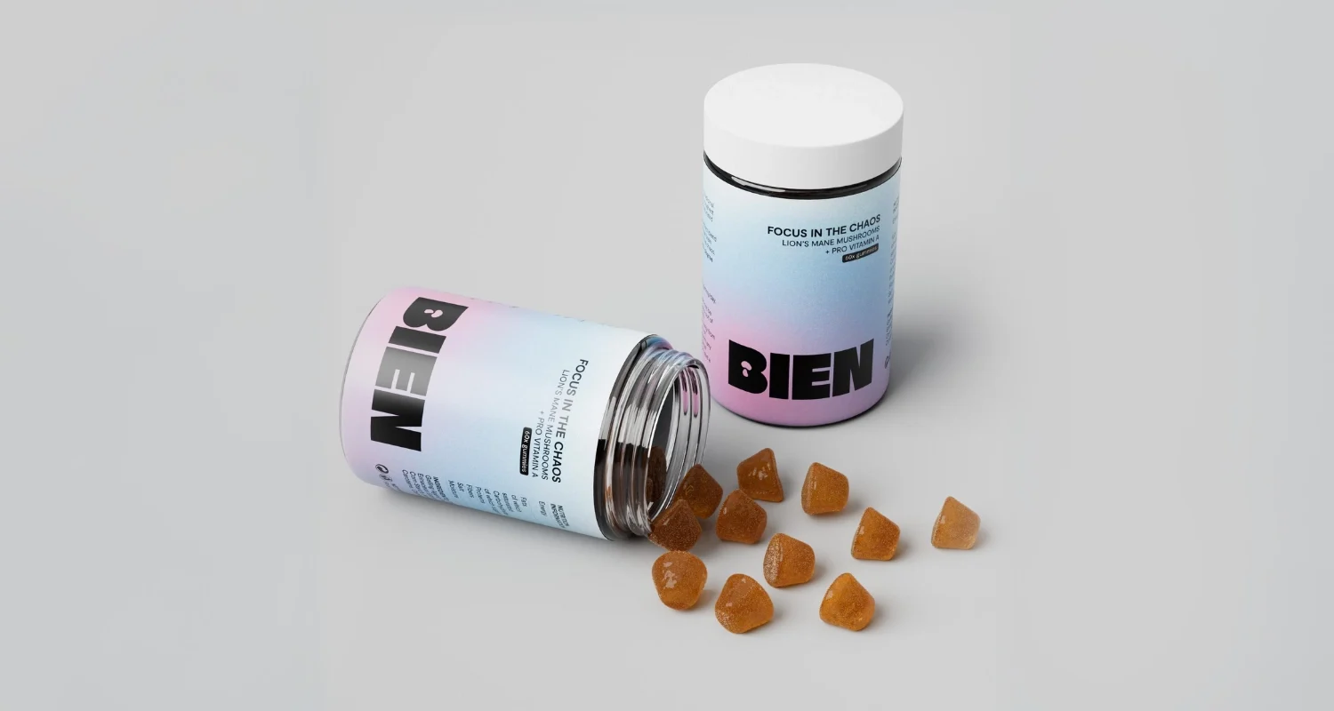 Een foto van een BIEN-product FOCUS in the chaos gummies - Lion&#039;s Mane Supplement + Pro Vitamine A.